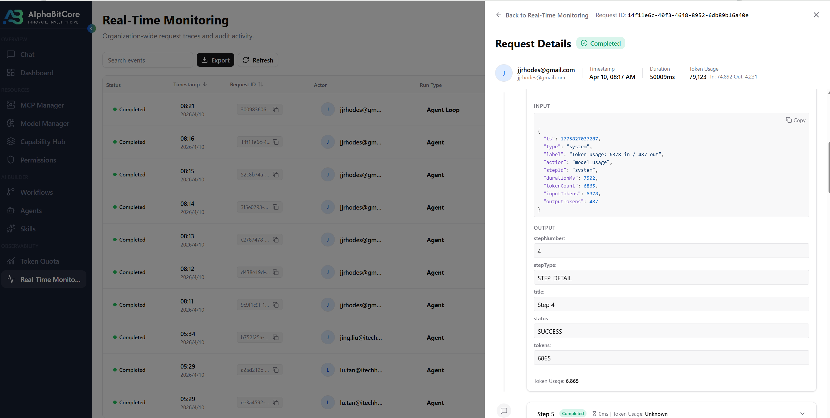 Execution monitoring — every run with its Envelope.