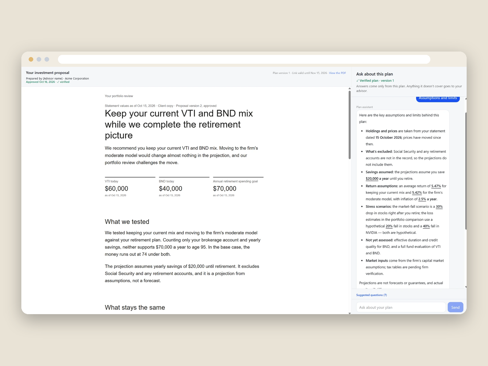 The live Client Room: the approved proposal on the left and the plan assistant answering from the plan on the right.