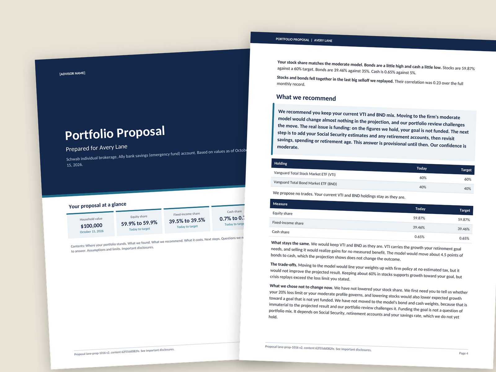 Two pages of the client proposal PDF: the cover and the recommendation.