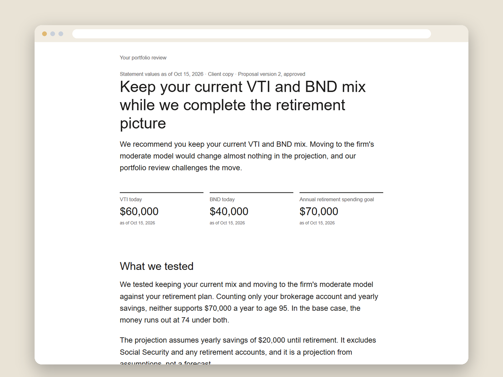The client story page for the same proposal.